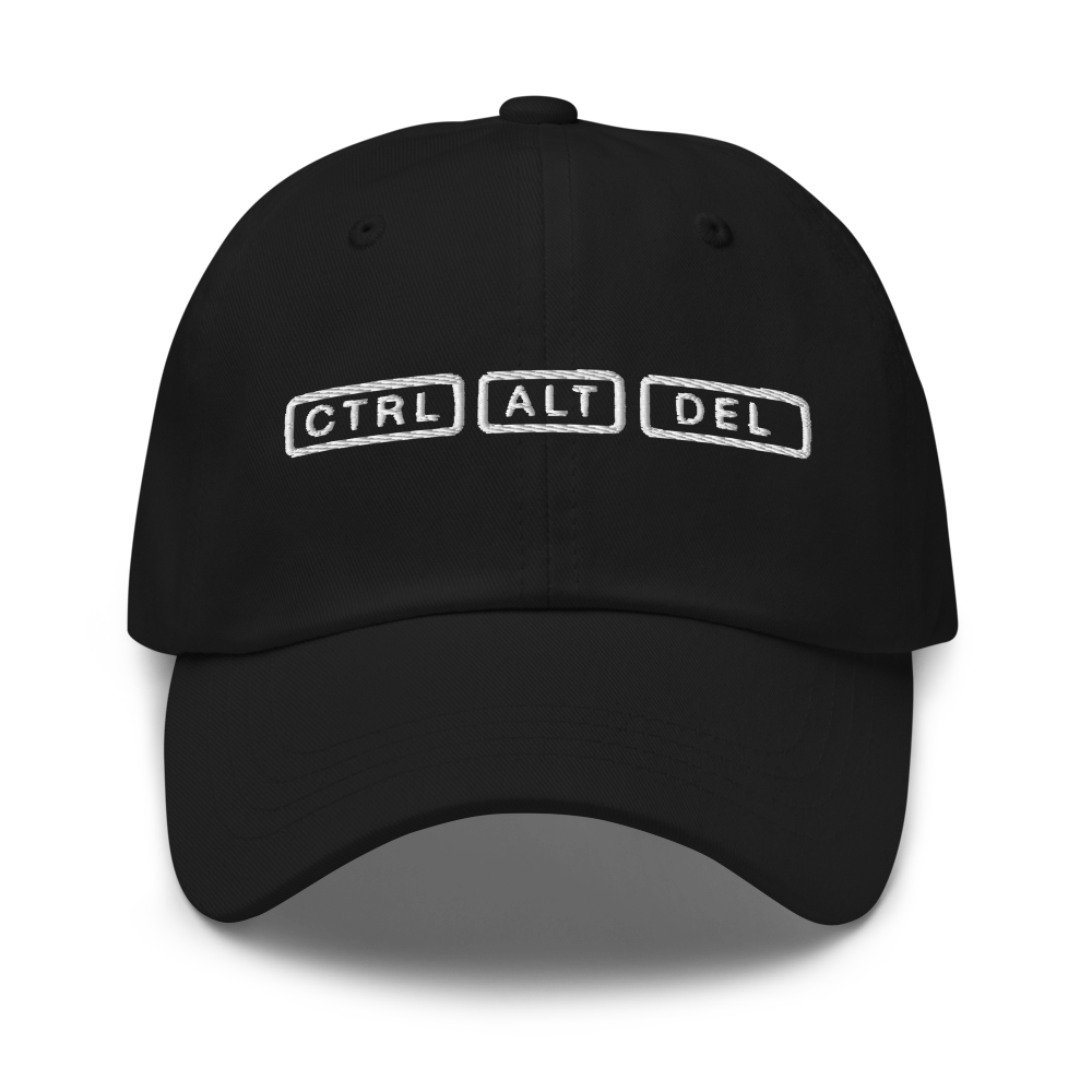 Black cap with 'CTRL ALT DEL' text embroidered in white 